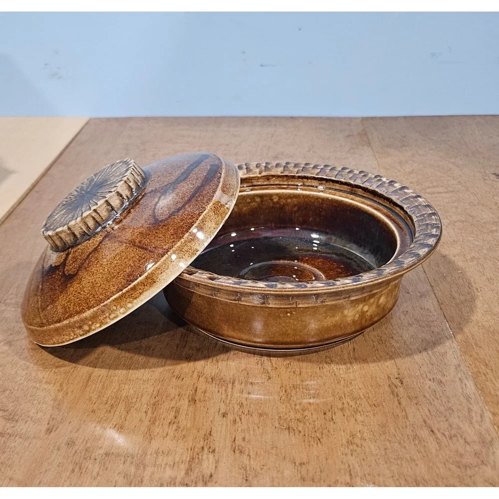 BP Malta Studio Pottery Lidded Casserole Dish Brown Glazed Sunburst Vintage